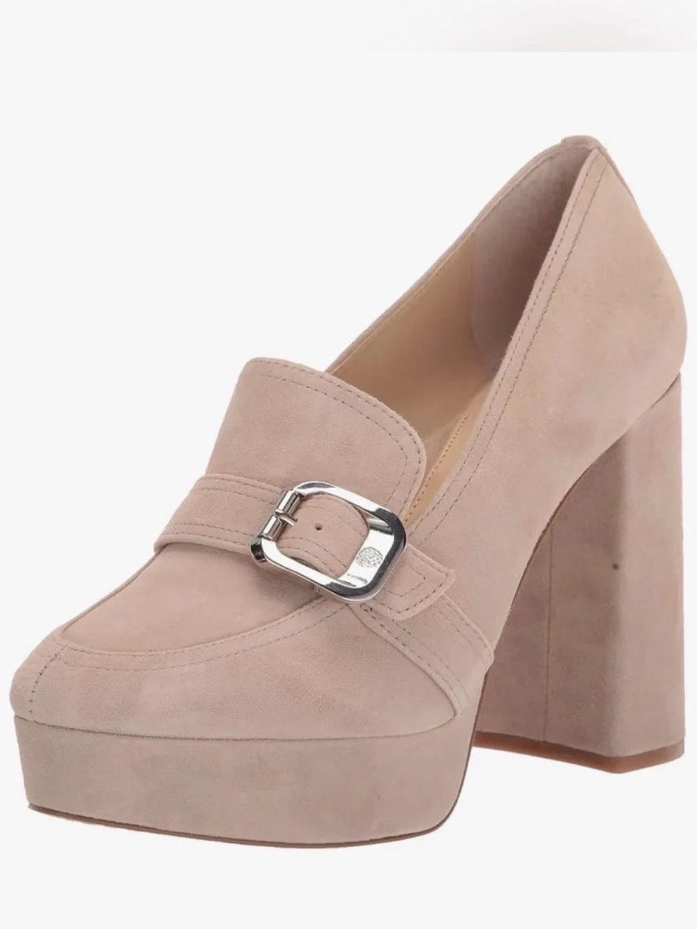 Vince Camuto Almond Beige Suede Platform Loafers with Silver Buckle